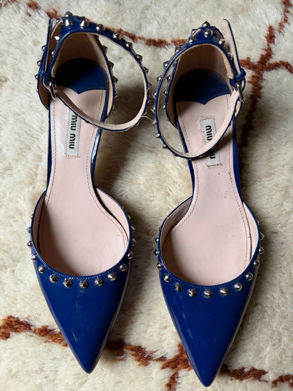 Vintage Miu Miu Blue Patent Leather Kitten Heel Studded  Shoe Pump Sandal 38.5